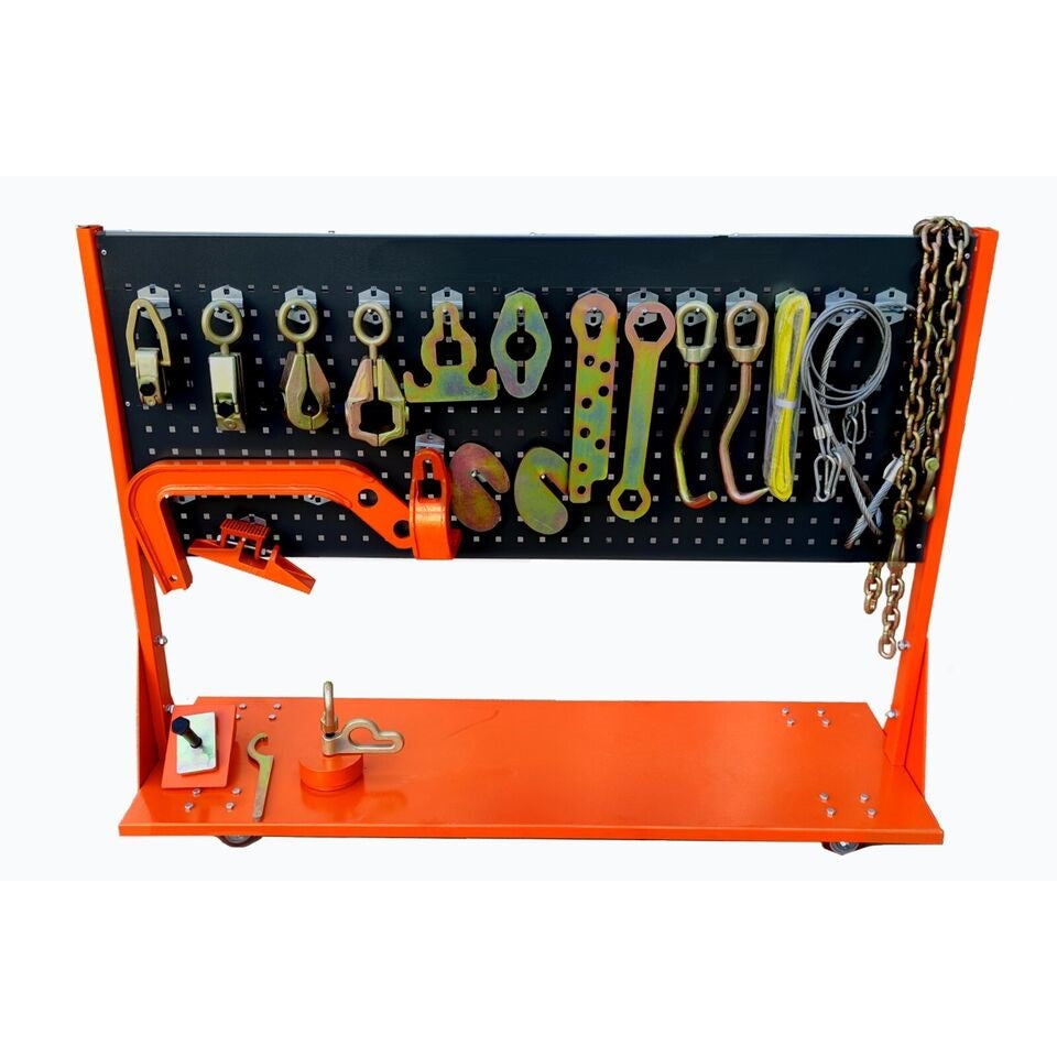 Auto body frame machine tool rack with chains, hooks, and multiple clamp attachments