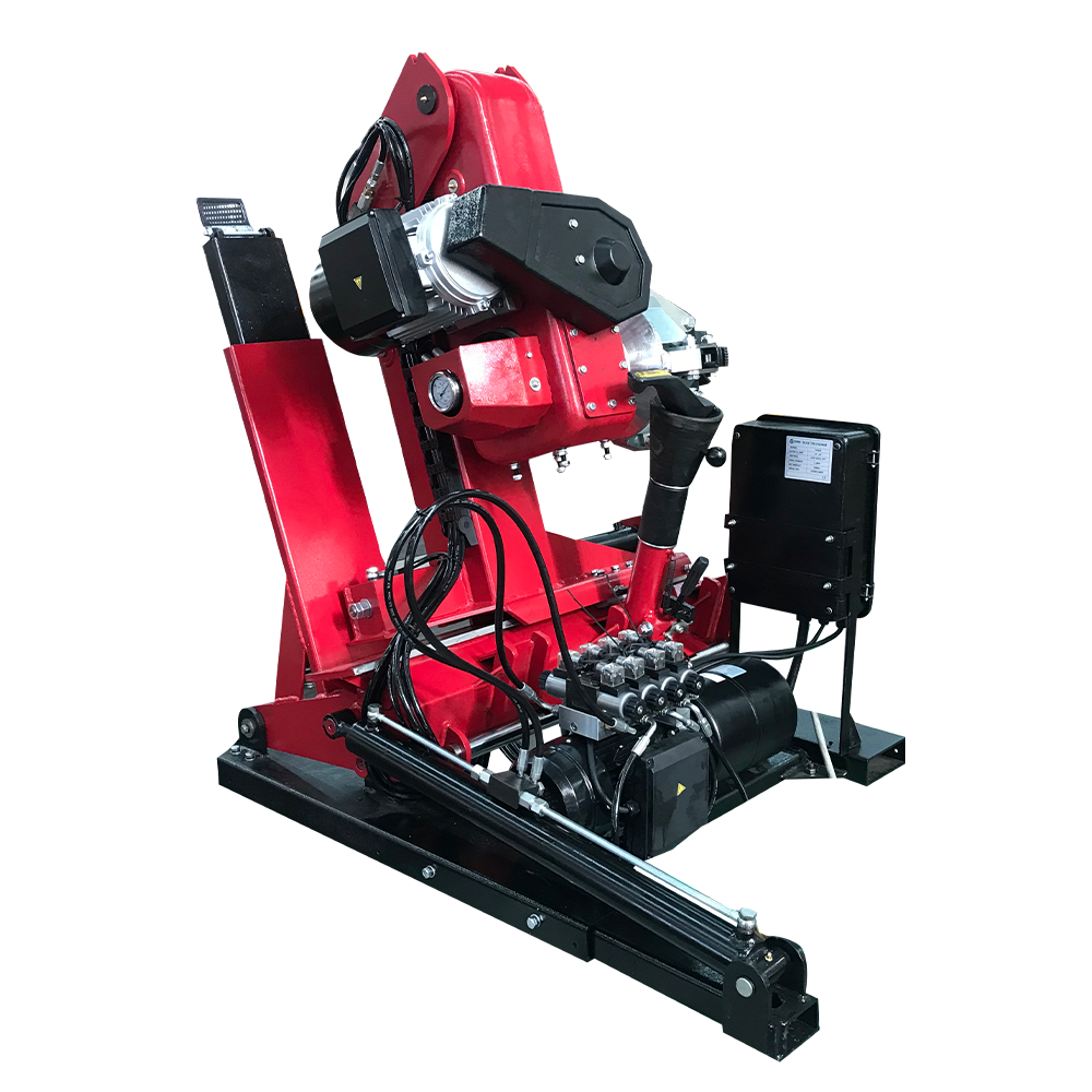 Red and black truck tire changer machine on wheeled base with control box