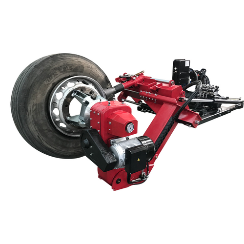 Truck tire changer with large wheel clamped in red and black machine frame