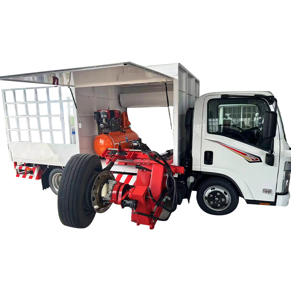 Mobile truck tire changer mounted in open service cargo box on white truck