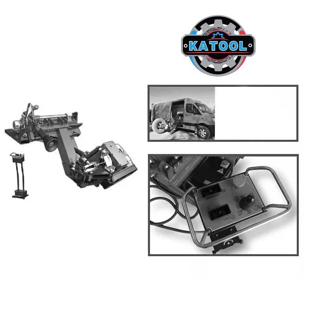 KATOOl promotional graphic showing mobile tire changer model with vehicle inset