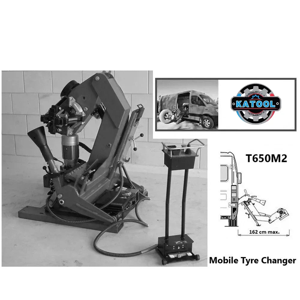 Mobile tire changer system with stand and tool head shown in promotional layout