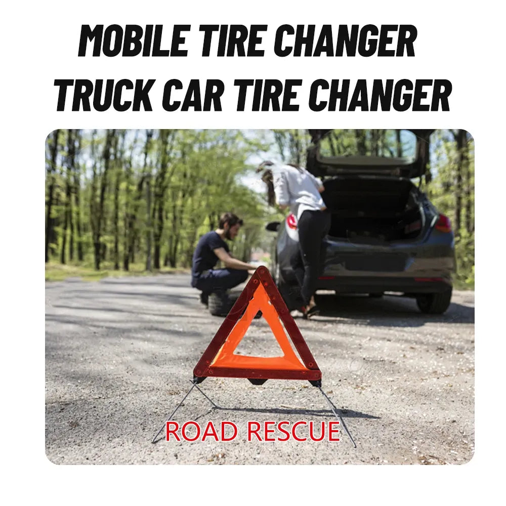 Road rescue promotional scene with orange warning triangle and vehicle on road