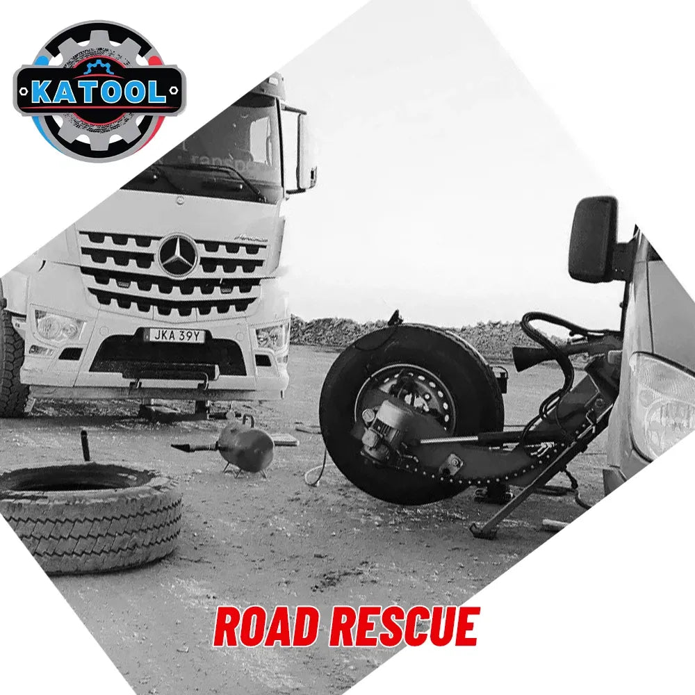 Road rescue promotional scene with vehicle and mobile tire changer beside wheel