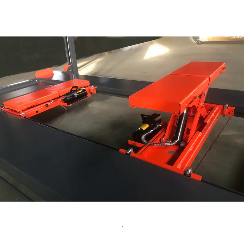 4-post vehicle lift lifting carriage with orange crossbeams and steel support arms