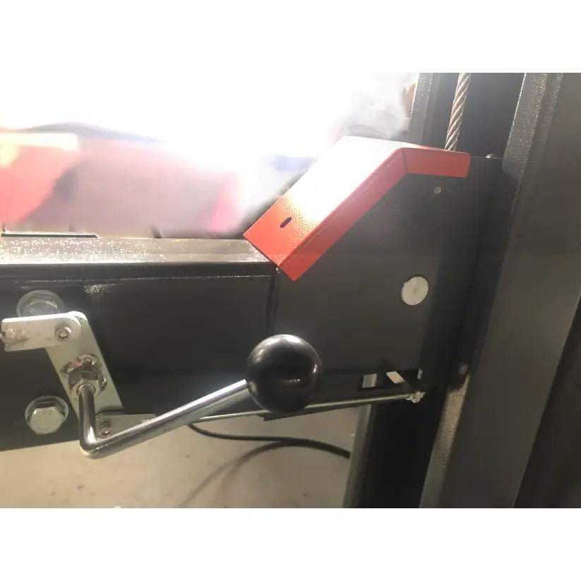 4-post vehicle lift control mechanism with black spherical handle and metal lever