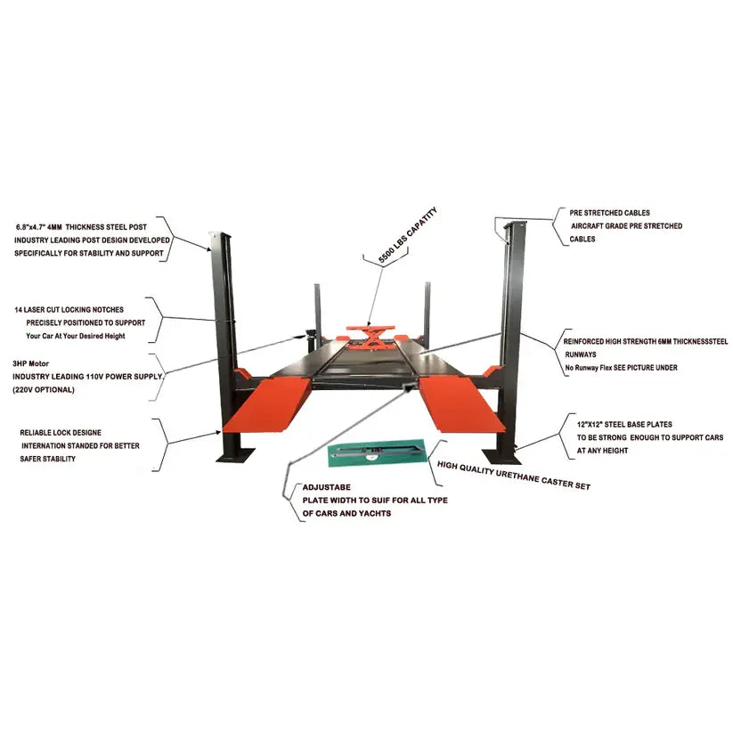 2. Heavy-duty 4-post lift with 11,000 lb capacity for professional shops