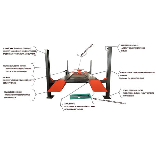 2. Heavy-duty 4-post lift with 11,000 lb capacity for professional shops