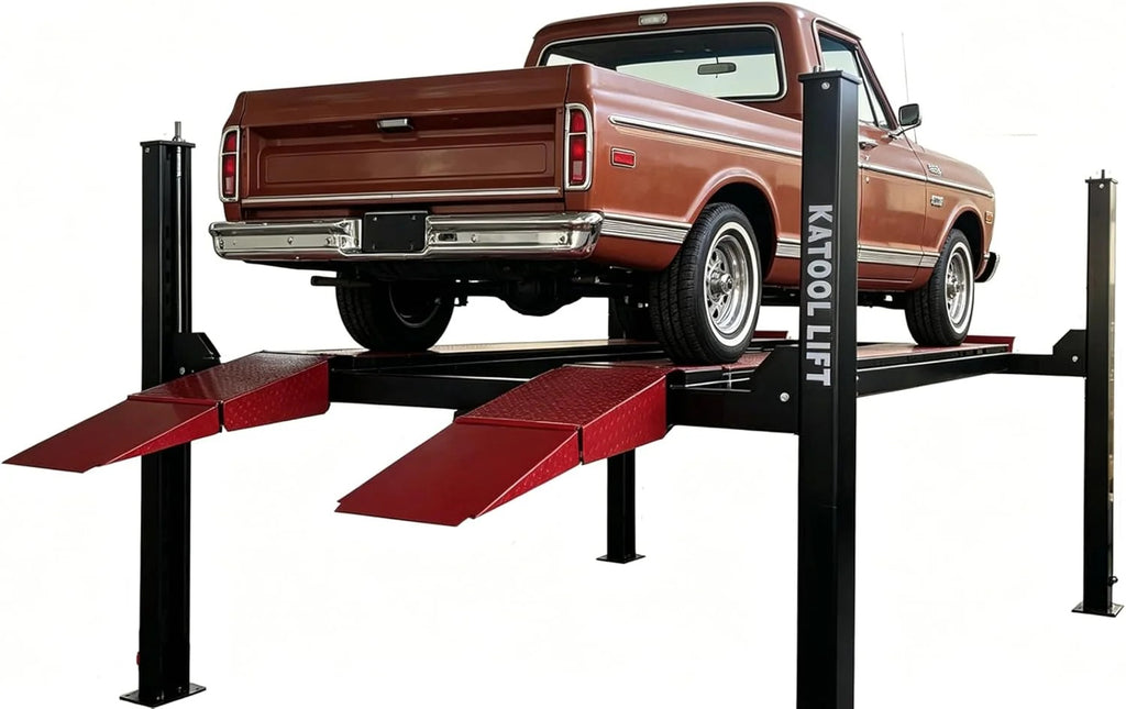 KATOOL 4-post alignment lift with red car ramps and two black posts
