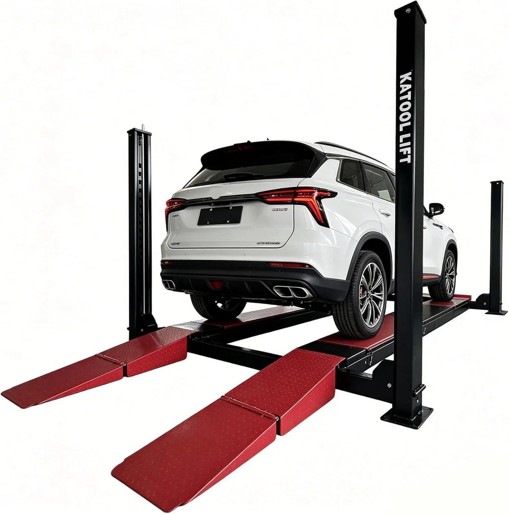 KATOOL 4-post alignment lift with white car on red ramps and black posts