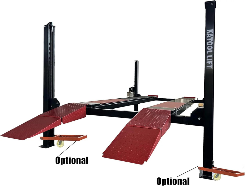 KATOOL 4-post alignment lift with red accessory ramps and control platform