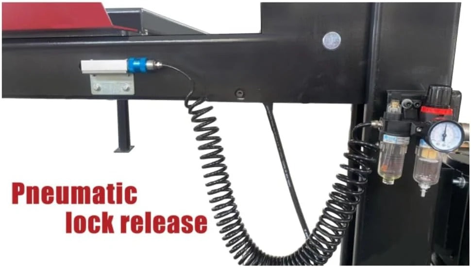 Pneumatic lock release assembly on KATOOL alignment lift with pressure gauges