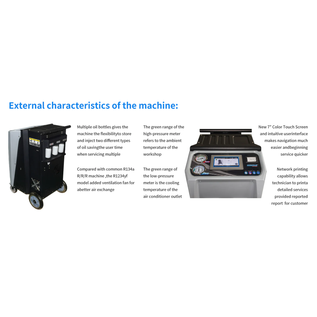 Refrigerant recovery machine external features diagram with bottles, fan, and screen