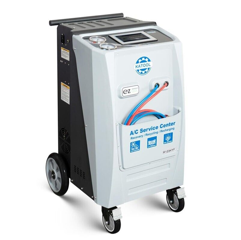 Mobile A/C refrigerant recovery machine with EZ panel, hoses, and caster wheels