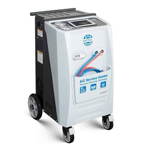 Mobile A/C refrigerant recovery machine with EZ panel, hoses, and caster wheels