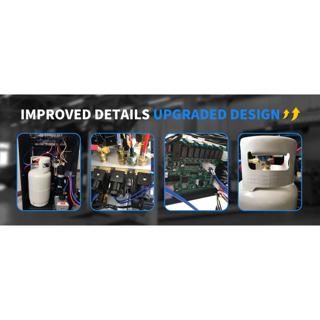 Refrigerant recovery machine upgraded design infographic with four component close-ups