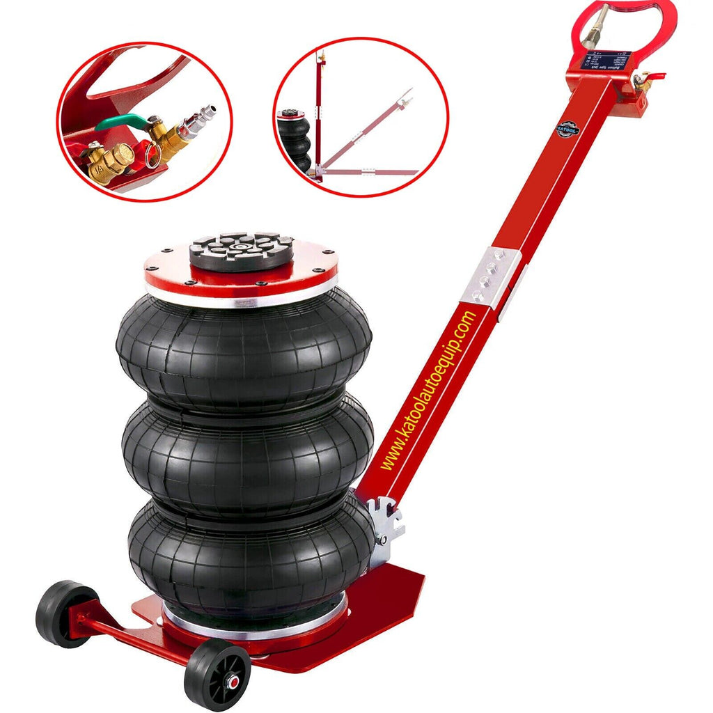 Red pneumatic air jack with stacked black air lift bags and red base wheels