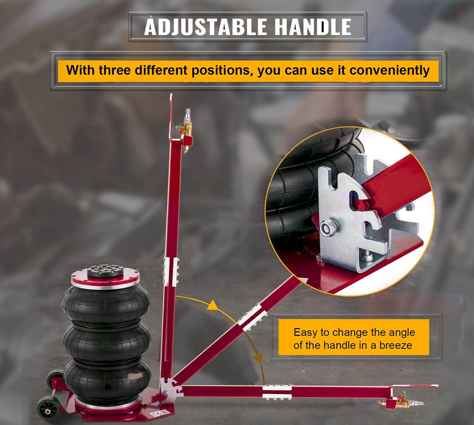 Pneumatic air jack with adjustable red handle and stacked black air lift bags