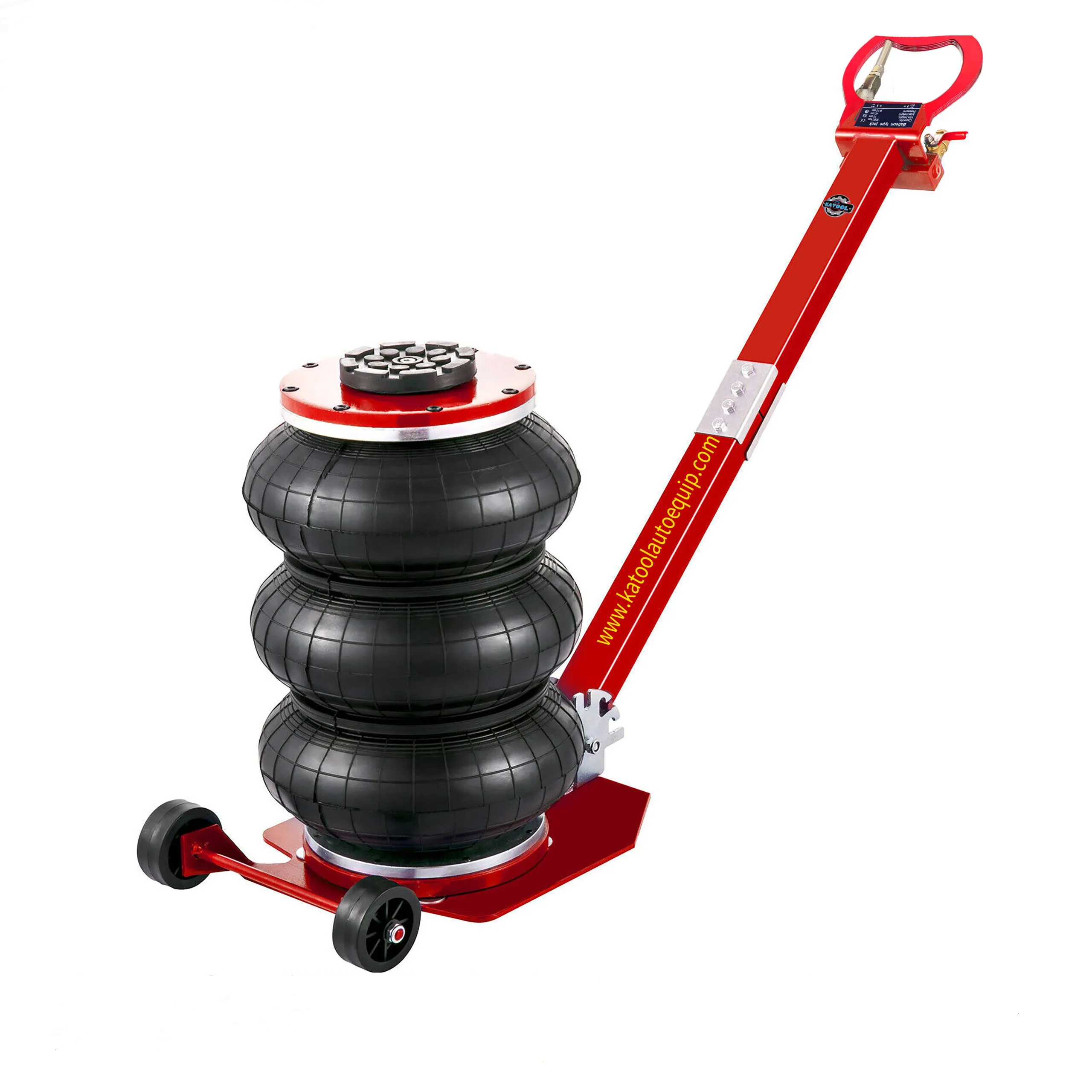 Red pneumatic air jack with stacked black air lift bags and long lifting handle