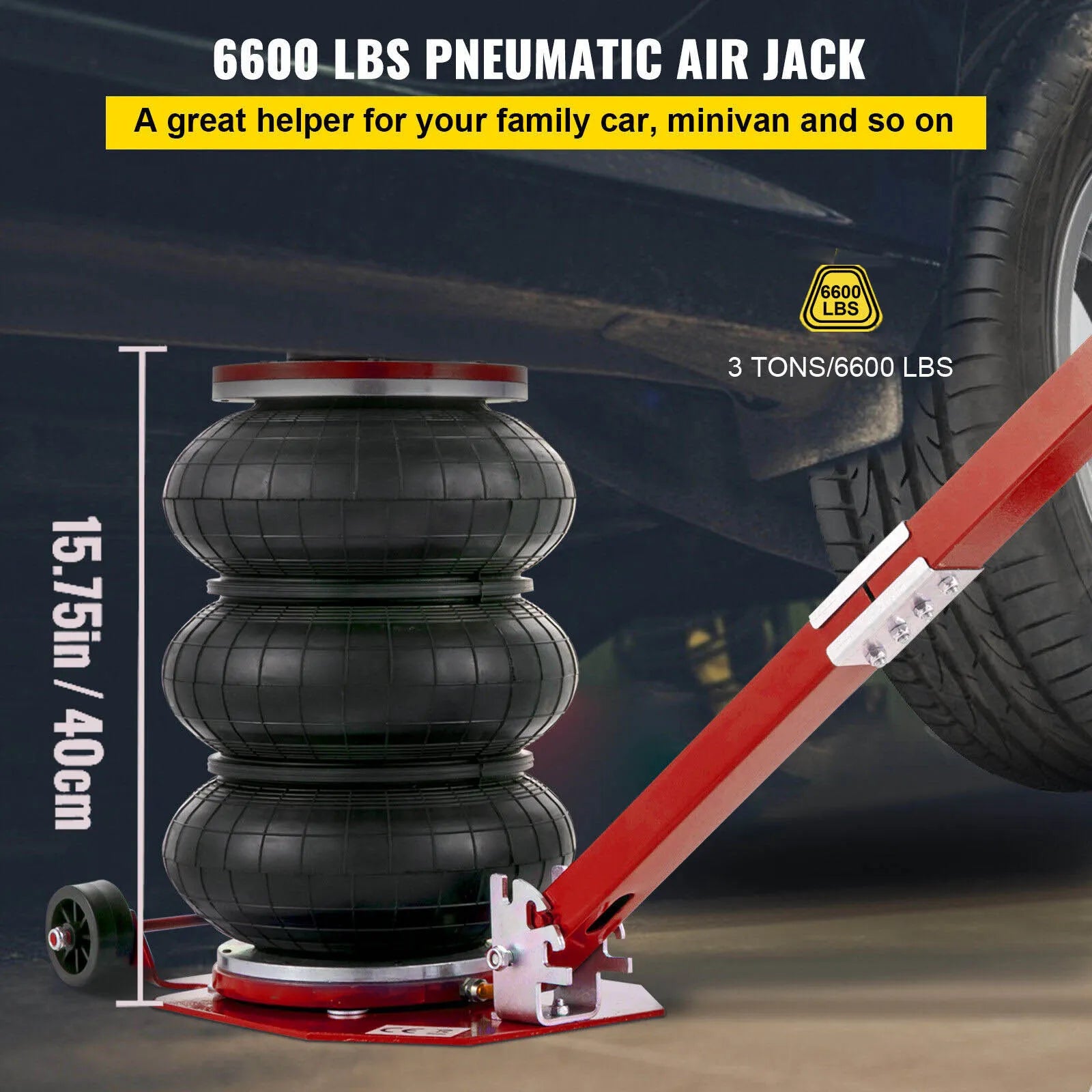 Pneumatic air jack lifting a vehicle tire with stacked black air lift bags