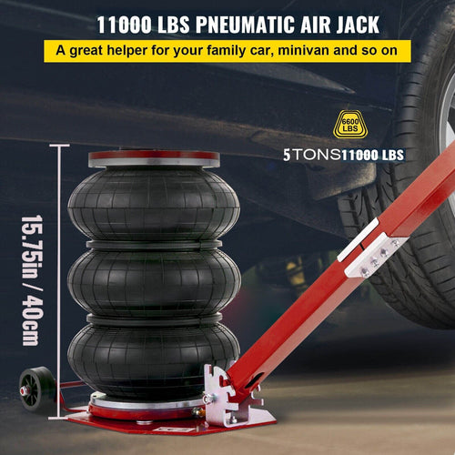 Triple air bag pneumatic car jack, red handle and black stacked air pads