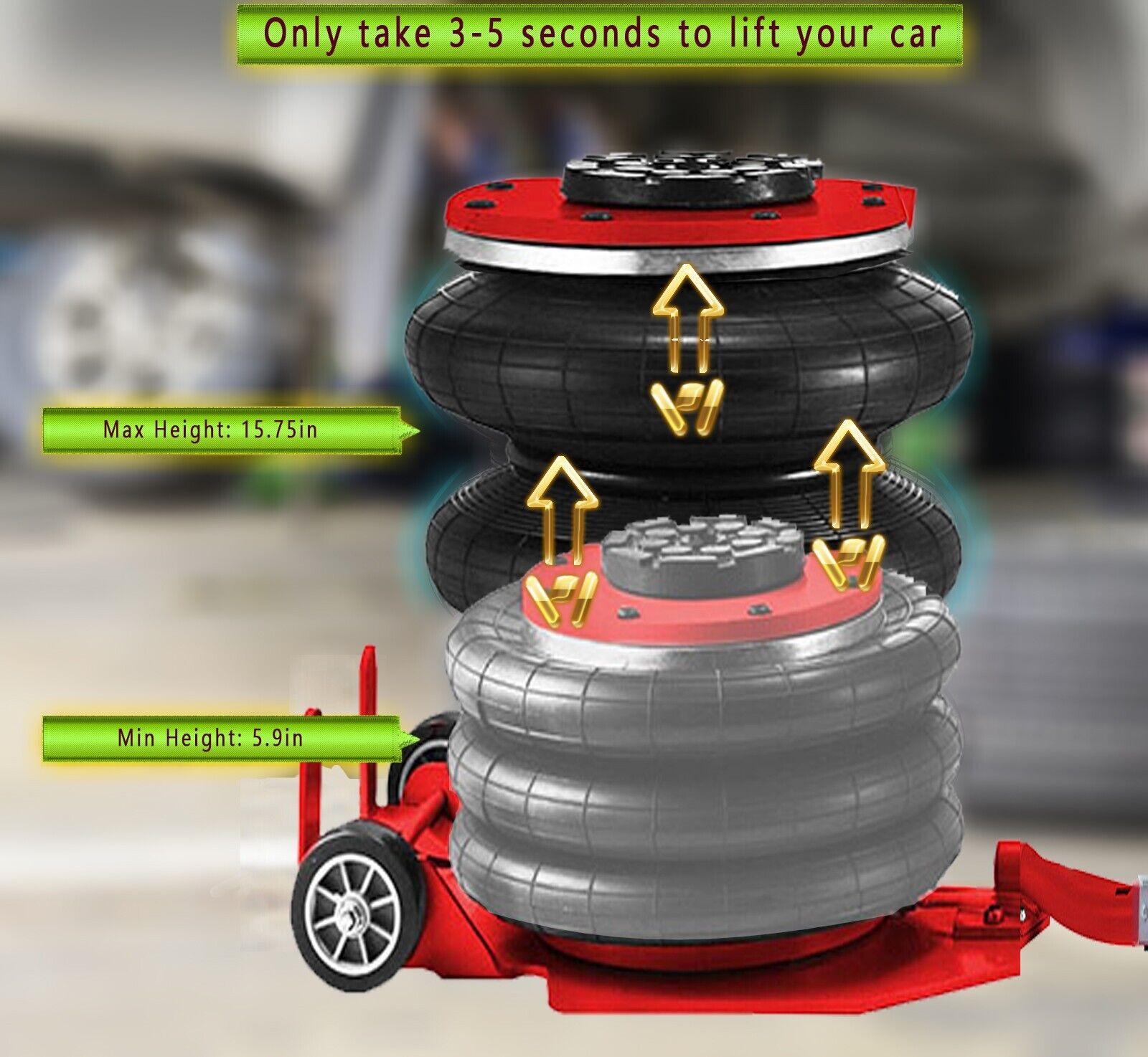 Triple air bag car jack with black stacked pads and red lifting column