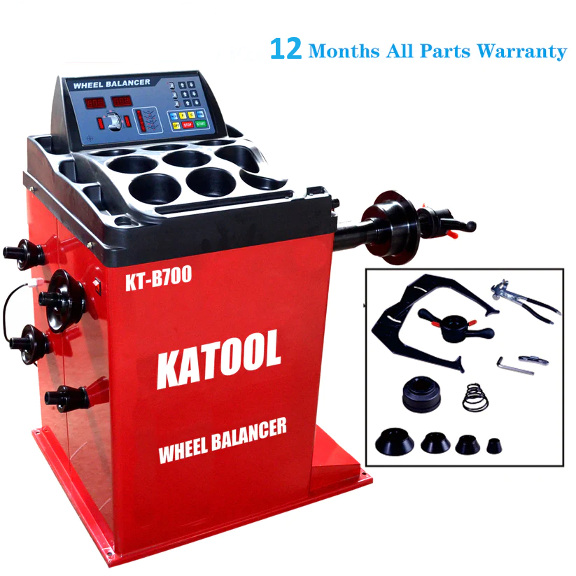 Red wheel balancer machine with control panel and wheel mounting shaft, KT-B700