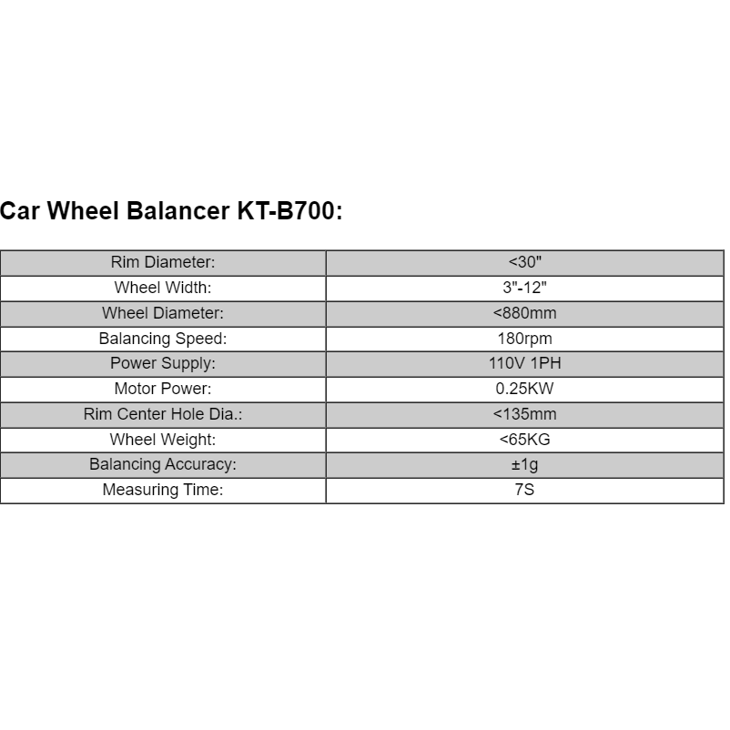 Wheel balancer specification table showing rim diameter, wheel width, power, accuracy