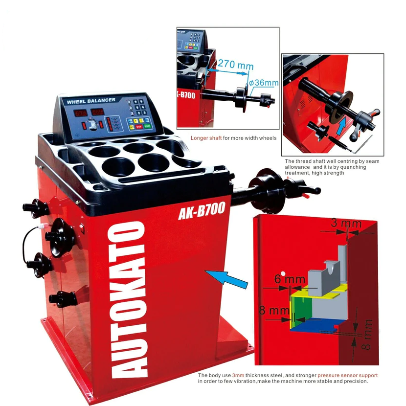 Wheel balancer machine with spindle and black mounting tray, red body
