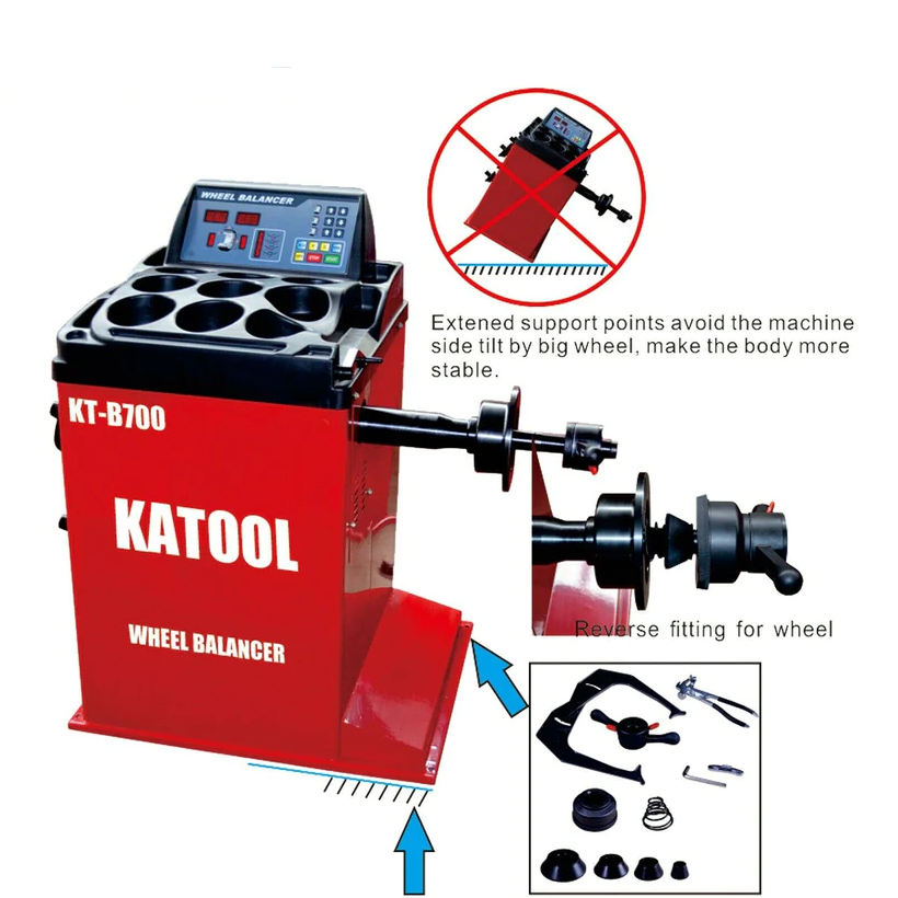 Wheel balancer machine with spindle and included wheel weights and tools