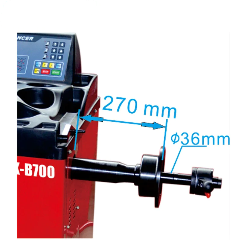Wheel balancer spindle assembly with control console, red and black housing