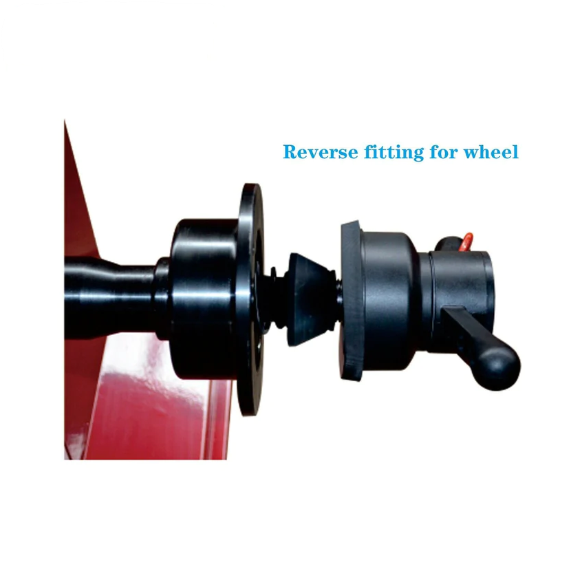 Wheel balancer axle attachment with cone mount and handle on red base