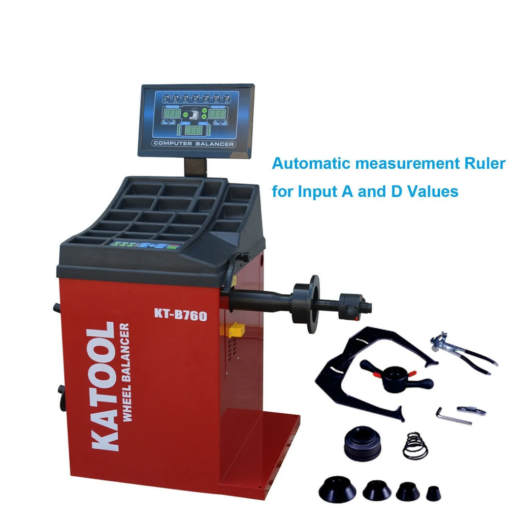 Red wheel balancer with monitor and included wheel-weight cones and tools.