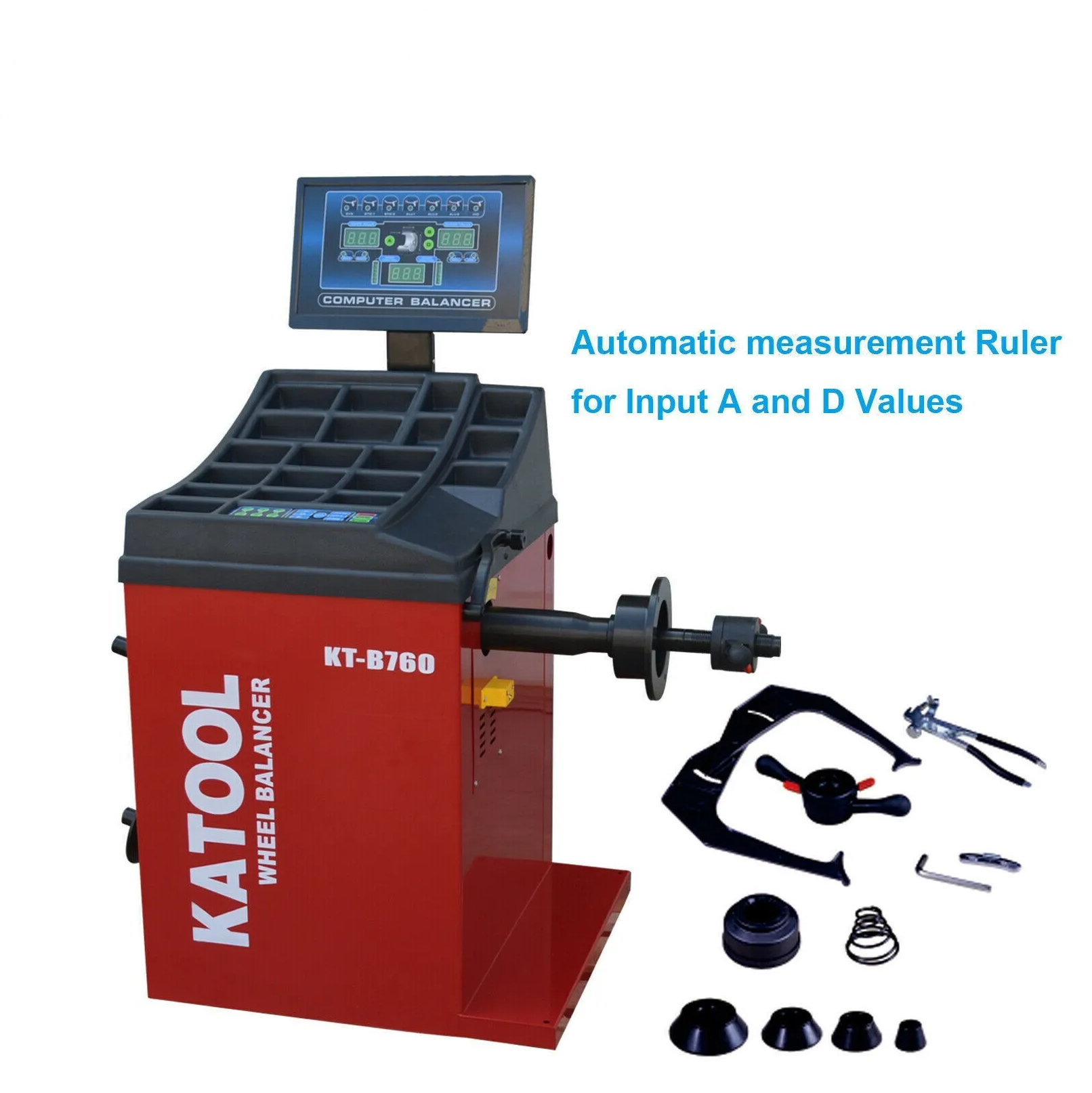 Red wheel balancer with monitor and included wheel-weight cones and tools.