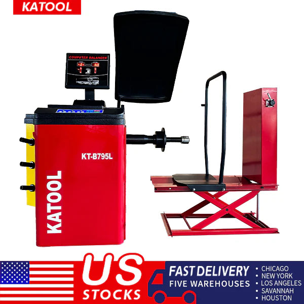 Red wheel balancer with black display console and lifting platform frame
