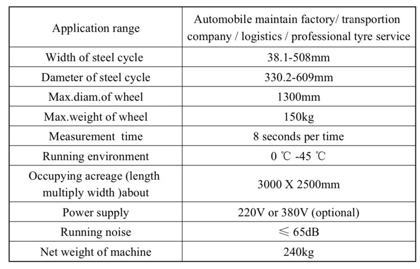 Wheel balancer specifications chart with measurement ranges and power supply details
