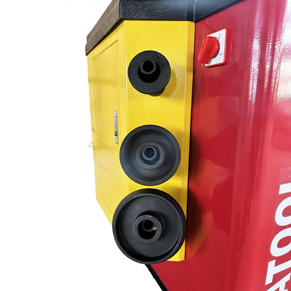Wheel balancer sensor bracket with three black rubber pads and yellow housing