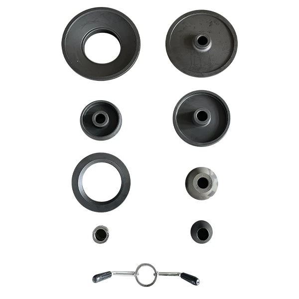 Wheel balancer adapter set with centering cones and sleeves, black and metal.