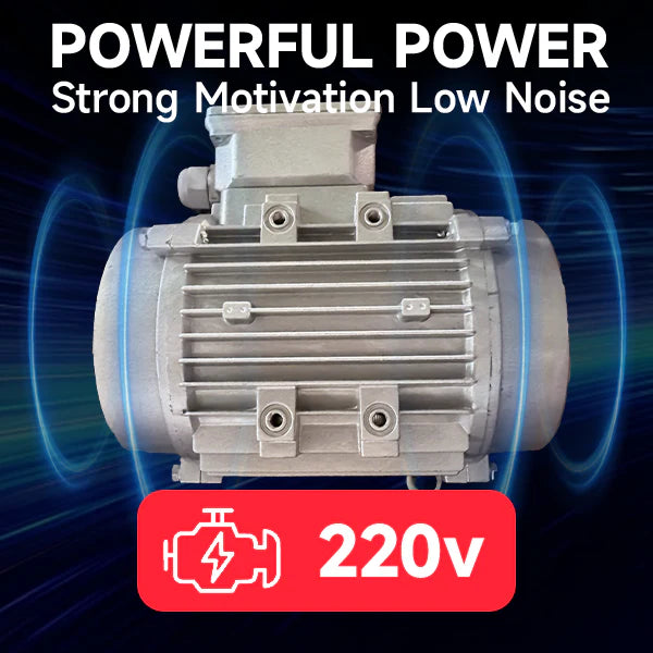 Wheel balancer drive motor with ribbed aluminum housing and mounting brackets.