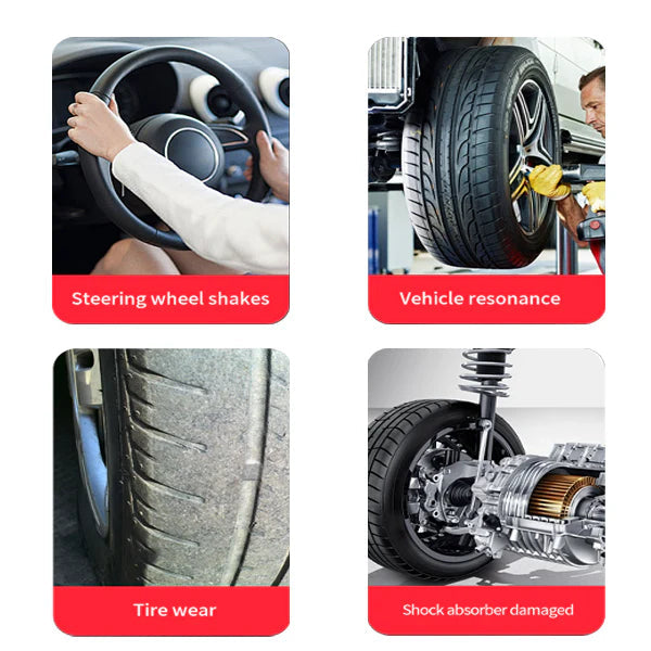 Illustrated diagnostic cards for steering shake, vehicle resonance, tire wear, and shock damage.
