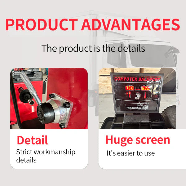 Wheel balancer product display showing detailed parts and a large control screen.