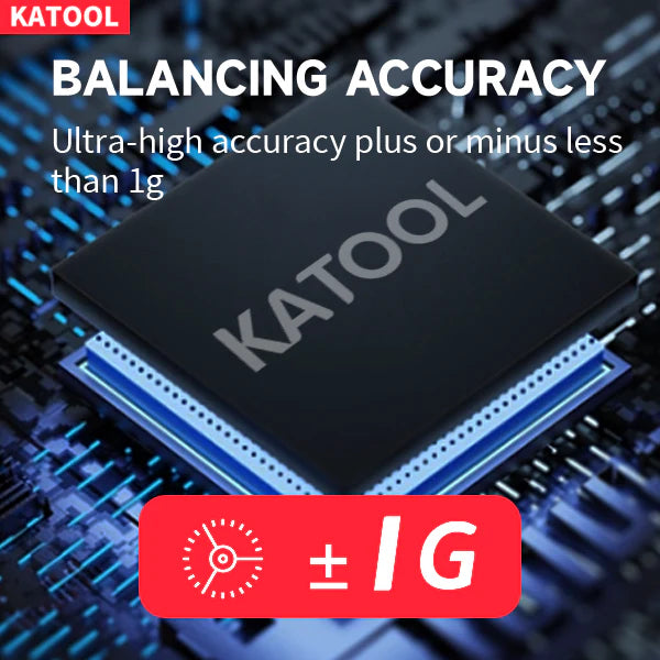 Wheel balancer precision control chip on a dark circuit board with blue glow rails.