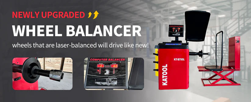 Wheel balancer machine with computer display, red base, and black stand.