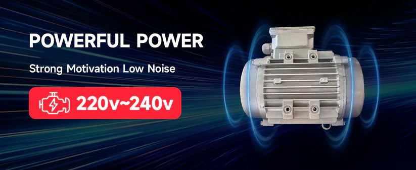 Wheel balancer motor assembly with ribbed housing and blue glowing vibration arcs.