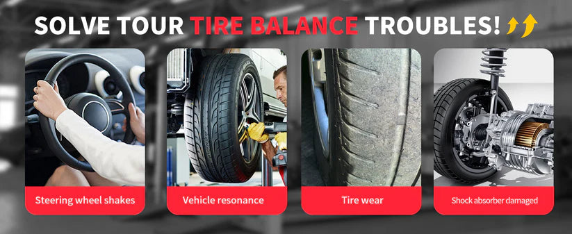 Illustrated tire balance trouble cards for steering shake, vehicle resonance, tire wear, shock damage.