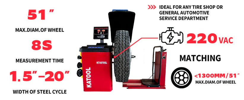 Katool wheel balancer with red stand and upright head, tire mounted on spindle