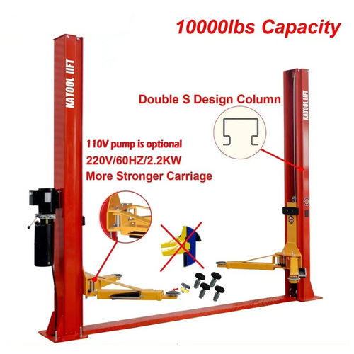 Two-post vehicle lift with red columns and yellow lifting arms, base and posts visible
