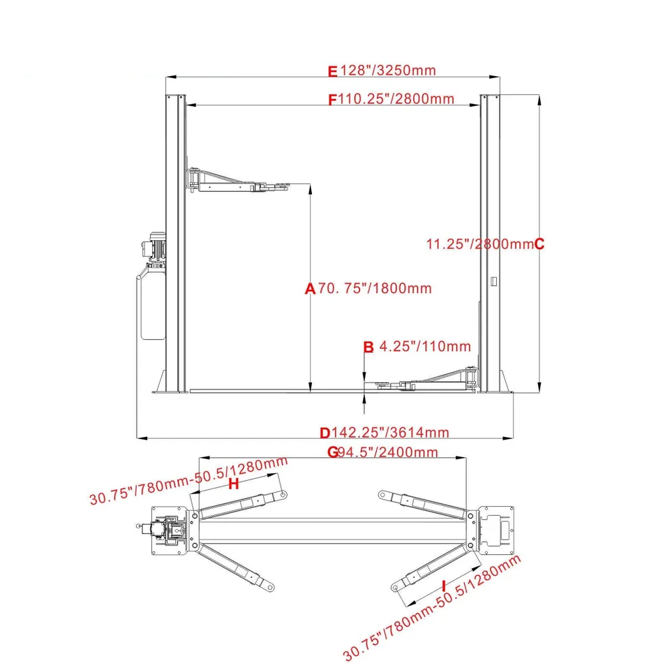 Technical dimension diagram of a two-post vehicle lift with arm and column measurements