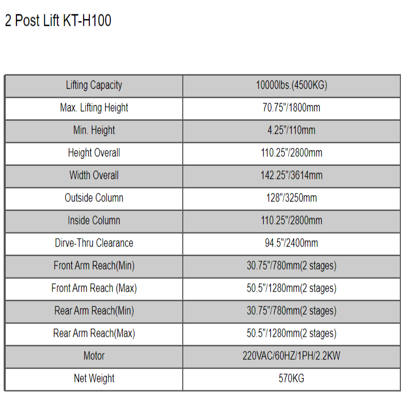 Specification chart for a 2-post vehicle lift kit with key heights, width, and reach