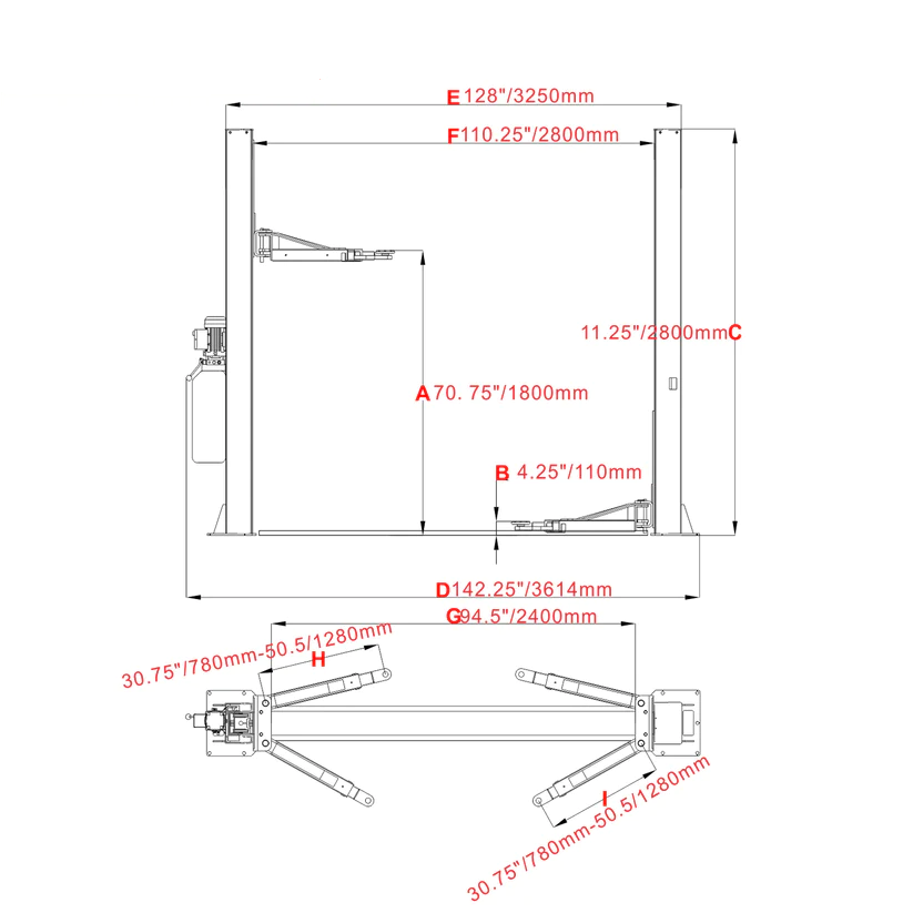 Two-post lift dimension diagram with measurement lines and frame layout